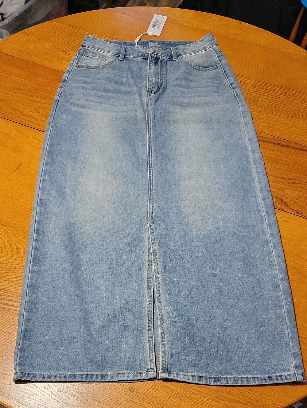 Petal & Pup Light Blue Denim Maxi Skirt with Center Front Slit